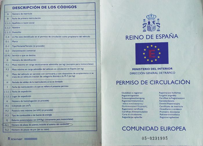 Codigo S.1 del Permiso de Circulación: numero de plazas de una moto